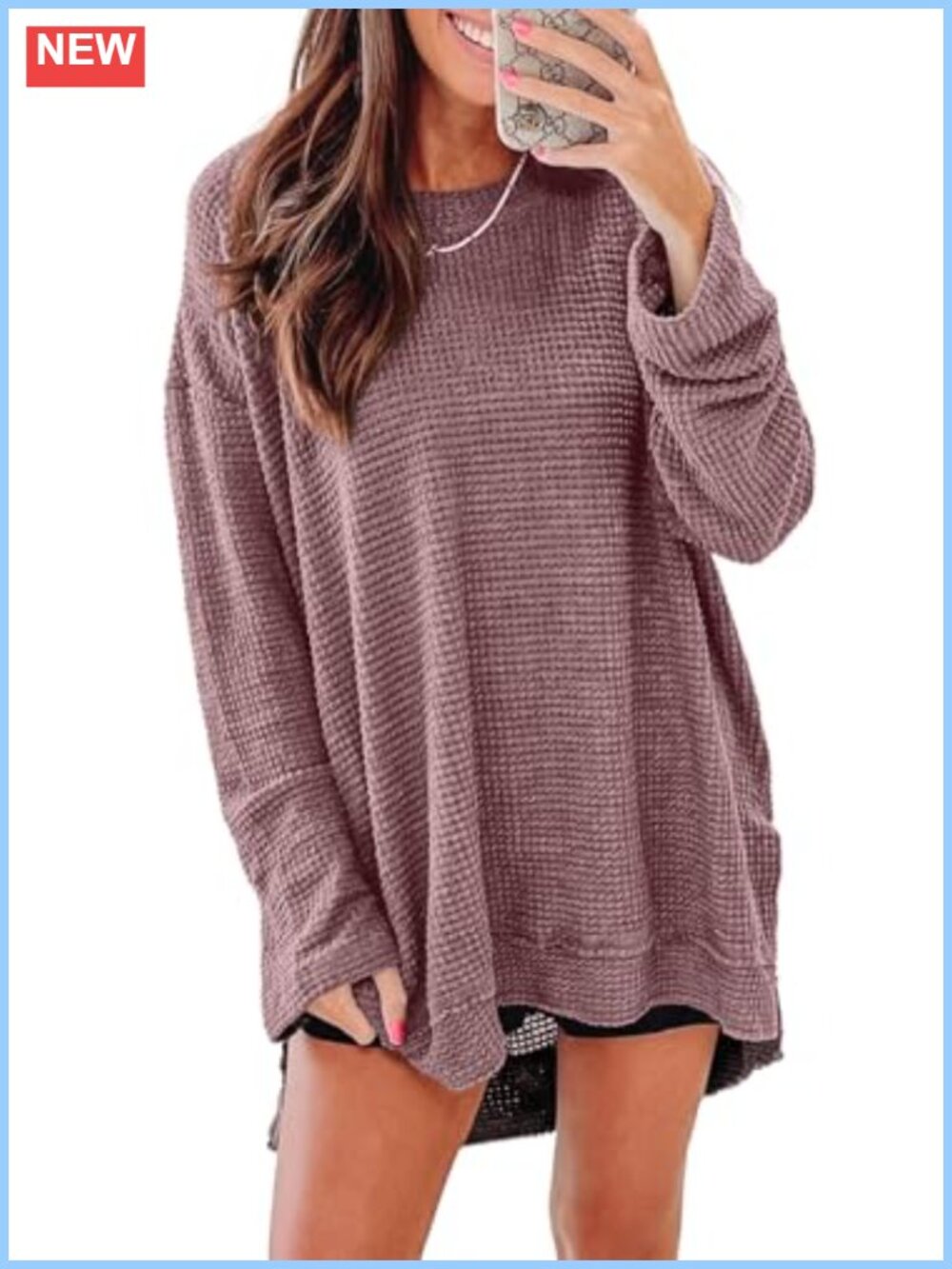 Women's Oversized Waffle Knit Crewneck Long Sleeve Tunic Top